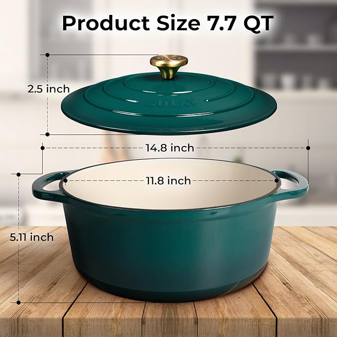 Zulay Kitchen 7.7 Quart Enameled Cast Iron Dutch Oven Pot with Lid ??Premium Durability & Oven Safe up to 500째F ??Heavy Duty Cookware Perfect for Bread Baking, Stews, Braising & Roasting ??Emerald