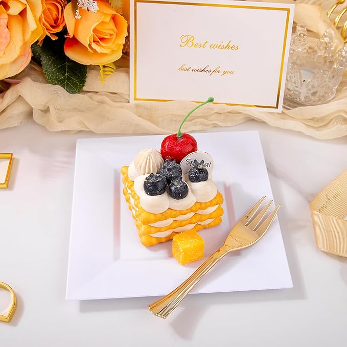 supernal 200Pcs White Dessert Plates 6" with Gold Plastic Forks 5.7",White Disposable Square Plates for 100 Guests, Including 100 Plastic Appetizer Plates and 100 Dessert Forks for Party