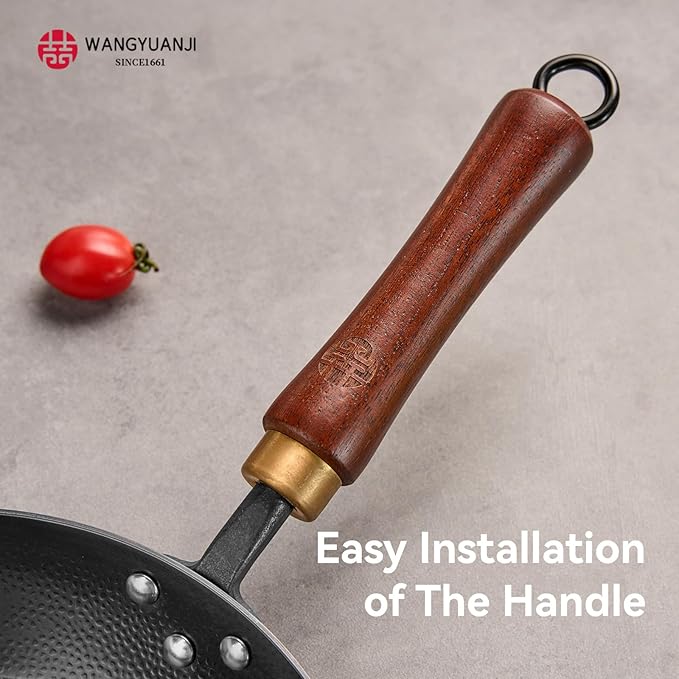 WANGYUANJI Coating-Free Carbon Steel Pan, Flat Bottom Skillet with Removable Heat-Resistant Wooden, High-Heat & Open Flame Compatible (Gas, Electric, Induction) 10.24Inch Frying Pans for Cooking
