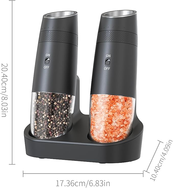 Gravity Electric Pepper and Salt Grinder Refillable Set - Automatic Shakers Pepper Mill, Adjustable Coarseness, with Rechargeable Base & LED Light