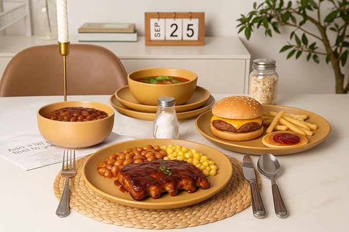 Furrnook 12-Piece Stoneware Dinnerware Set with Mugs | Microwave and Dishwasher Friendly | Stackable Matte Glaze Plates & Bowls | Service for 3 (Orange for 4)