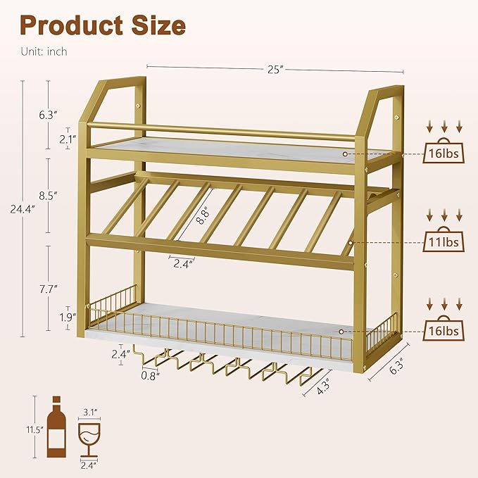 Hoctieon Wall Mount Wine Rack, Wall Mounted Wine Bottle Rack for Display and Storage, Hanging Bottle Holder, for Living Room, Dining Room, Bar, Wine Cellar, Gold&White