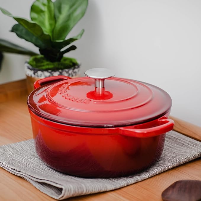Enameled Cast Iron Dutch Oven Pot with Lid, 7 Quart, Round Dutch Ovens, Bread Oven Dual Handles, for Bread Baking, Oven Safe up to 500째F, Red