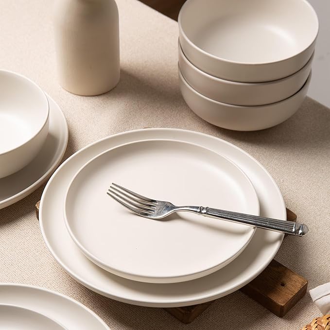 Furrnook 12-Piece Stoneware Dinnerware Set with Mugs | Microwave and Dishwasher Friendly | Stackable Matte Glaze Plates & Bowls | Service for 3 (White for 4)