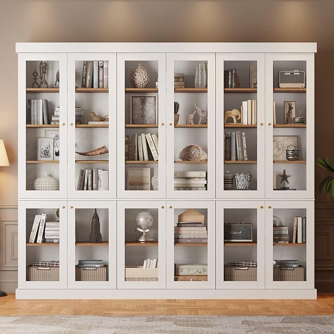 Vyre 70.8" Bookshelf with Glass Doors, Farmhouse Modular Bookcase with 6-Tier Adjustable Shelves, Large Storage Cabinet for Living Room & Home Office, Set of 4, White
