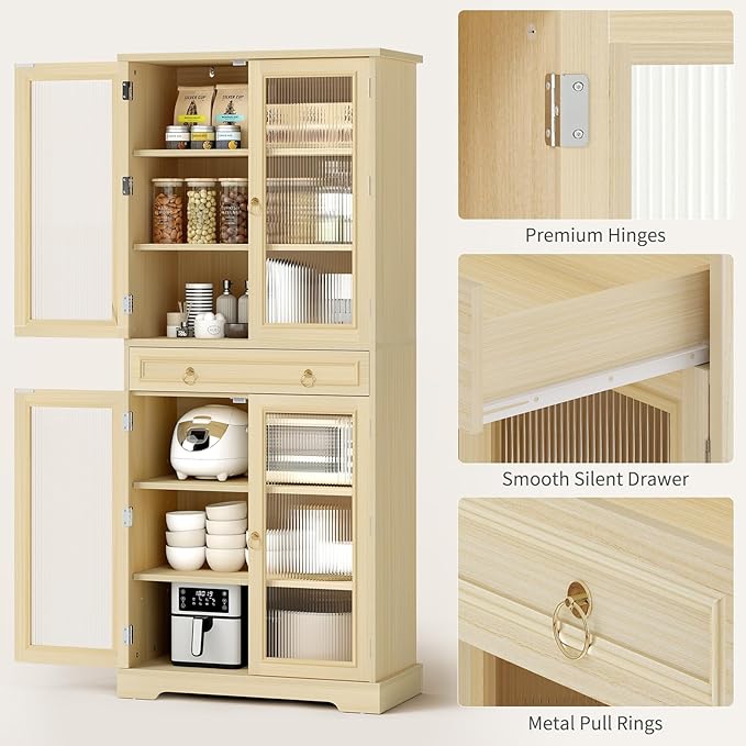 Kitchen Pantry Cabinet with Doors, 72" Tall Storage Cabinet with Adjustable Shelves, Wood Food Kitchen Pantry, Solid Freestanding Cupboard Display Cabinet for Dining Room Living Room