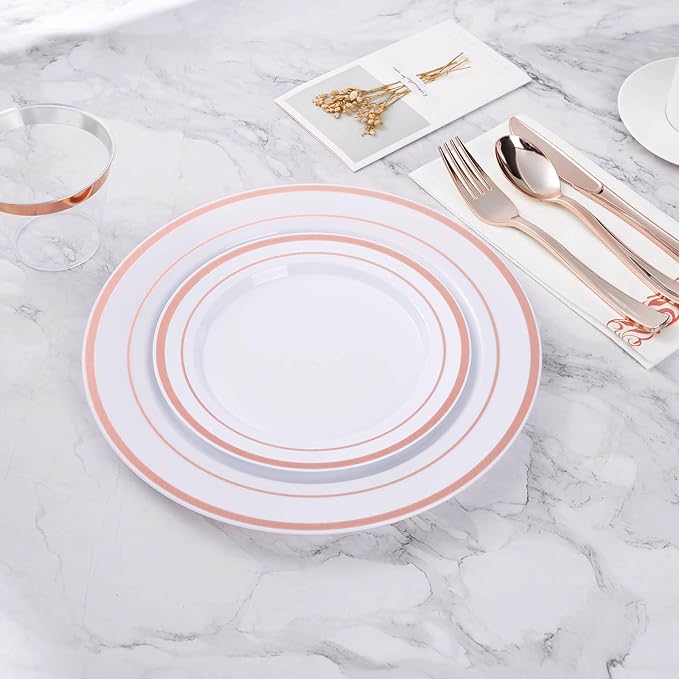 BESTVIP 100PCS Rose Gold Plastic Plate, Disposable Party Plates with 50 Dinner and 50 Dessert Plates, Plastic Plate for Party, Wedding and Birthday