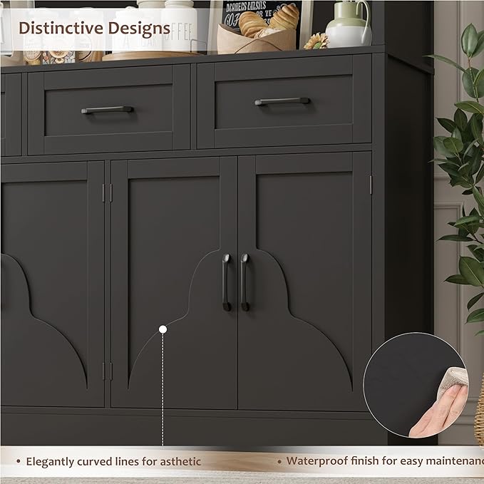 HITHOS 76" Tall Kitchen Pantry Storage Cabinet, 55??Wide Kitchen Hutch Cabinet with Storage Drawers, Large Food Pantry with Microwave Stand, Modern Cupboard with Hutch for Dining Living Room, Black