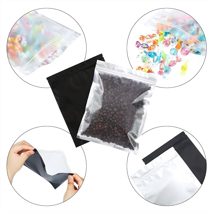 Blulu 100 Pieces Resealable Foil Proof Bags Scent Proof Flat Pouch Clear Smell Sealable Packing Bags Iridescent for Food Storage Snack Jewelry(7 x 9 Inches,Black)