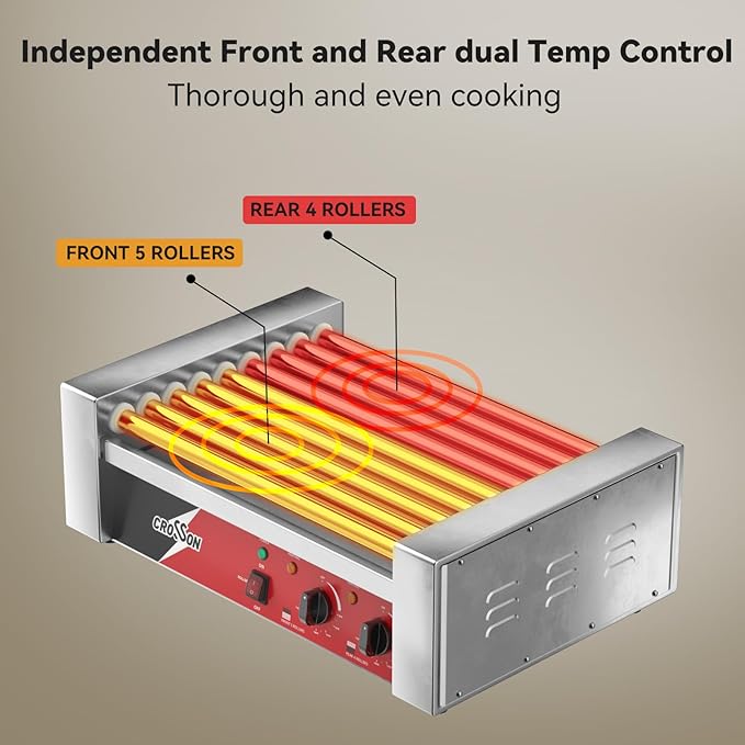 CROSSON Hot Dog 9 Roller Grill Cooker Machine with Transparent Sneeze Guard,9 Nonstick 304SS Rollers and Dual Temp Control,Commercial Hot Dog Cooker Machine-120V, 1350W