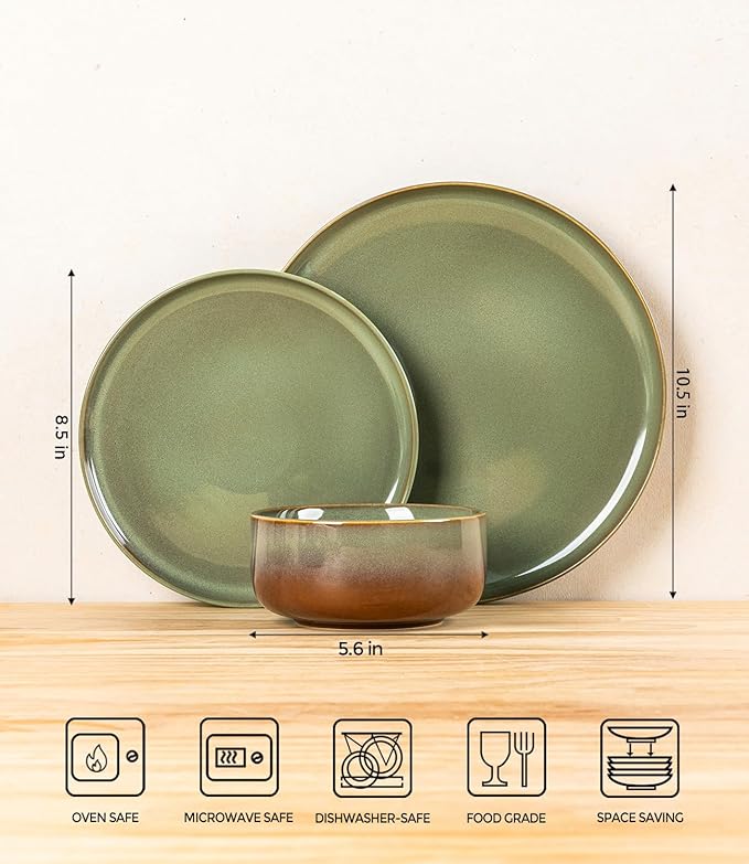 TheTerra Ceramic Dinnerware Sets, Handmade Reactive Glaze Plates and Bowls Set, Scratch Resistant Dish Set, Oven & Microwave & Dishwasher Safe, Service for 6, Sage Umber