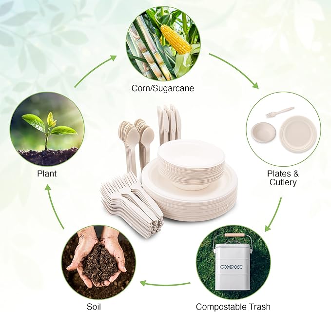250 Piece (50 Sets) Biodegradable Paper Plates Set (EXTRA LONG UTENSILS), Disposable Dinnerware Set, Eco Friendly Compostable Plates & Utensil include Plates, Bowls, Forks, Knives and Spoons