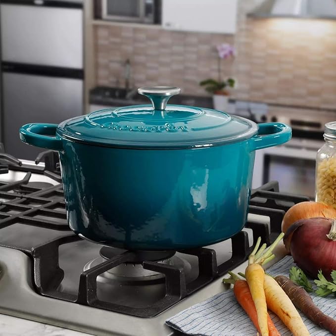 Crock-Pot Artisan 5-Quart Round Enameled Cast Iron Dutch Oven ??Teal Ombre, Durable Heavy-Duty Cookware for Slow Cooking, Roasting, Baking with Lid