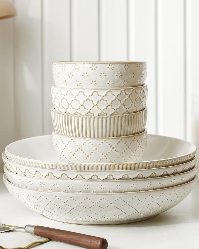 getstar Pasta Bowls, Large Salad Serving Bowls (7.6 inch & 22 oz), Ceramic Bowl Plates Set of 4, Farmhouse Embossments, Microwave and Dishwasher Safe