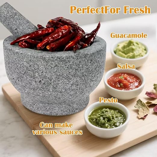 7??Heavy Granite 4 Cup Mortar & Pestle Natural Stone Molcajete Bowl and Grinder Set for Spices, Herbs, Seasonings, Pastes, Pesto and Guacamole. Release Your Favorite Flavors!Great Gift!