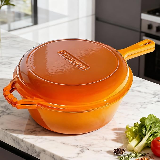 Enameled Cast Iron Braiser Pan - 2-in-1 Cast Iron Dutch Oven - 6.5QT Deep Pot with Frying Pan - Cookware Multi Cooker Skillet - for Grill Induction Stovetop Camping -Orange