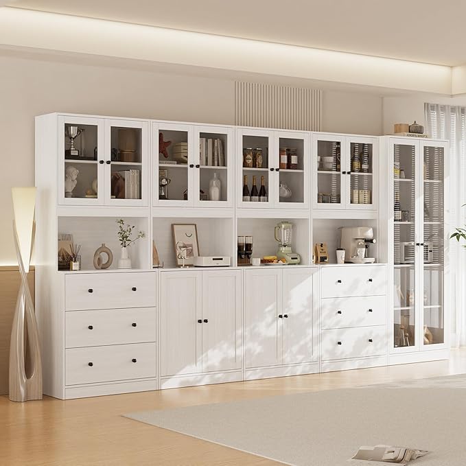 VOWNER 3PCS Bookshelf and Bookcase, 5-Tier Modern Bookshelves with 3 Large Drawer, Glass Display Cabinet with Lager Storage Shelf, Combination Storage Shelves for Home Office, White (CAC)
