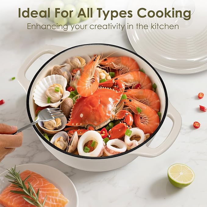 Enameled Cast Iron Dutch Oven Pot With Lid - AIVIKI 5QT Dutch Oven for Bread Baking With Cotton Potholders - Heavy-Duty Cookware for Braising, Stew, Roasting, Oven Safe up to 500째F, Cream White