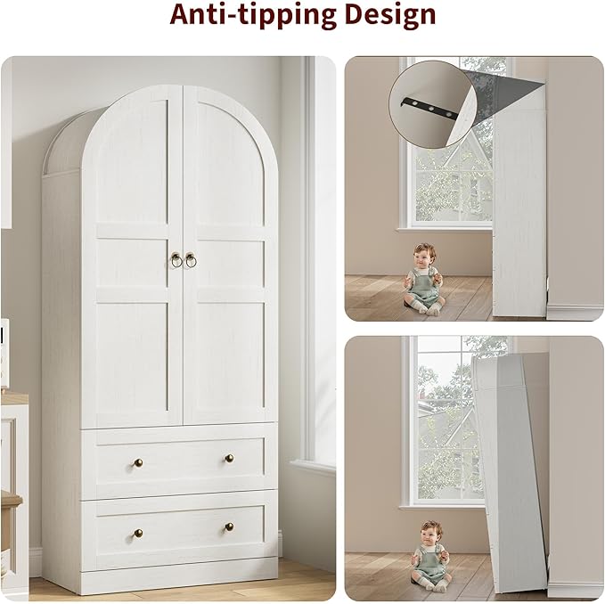 GAOMON 72" Arched Kitchen Pantry Cabinet, Wooden Freestanding Storage Cupboard with Doors, Drawers & Adjustable Shelves, Versatile Farmhouse Pantry for Dining and Living Room, Rustic White