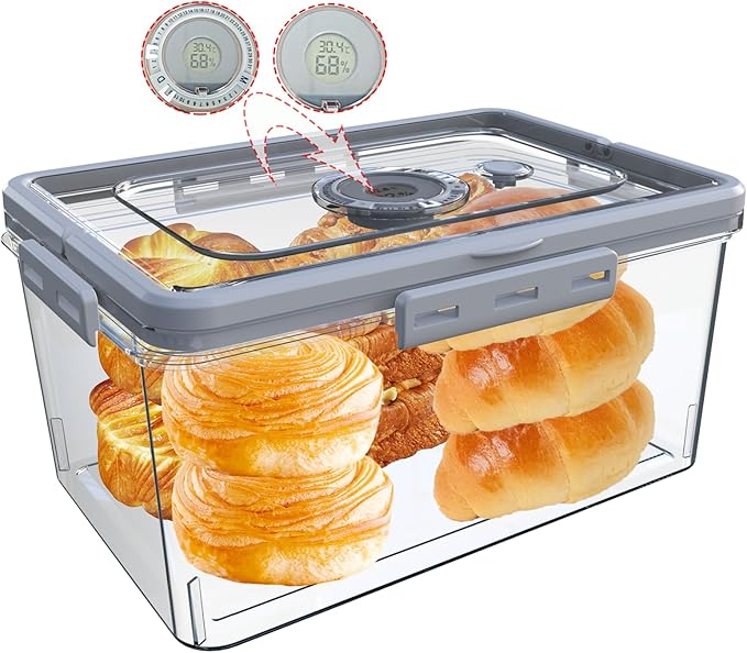 Bread Box With Digital Hygrometer, Portable Bread Boxes with Lid and Handle,New Upgrade Time Recording Bread Storage Container for Homemade Breads,Toast, Bagel, Donut and Cookies(Grey)
