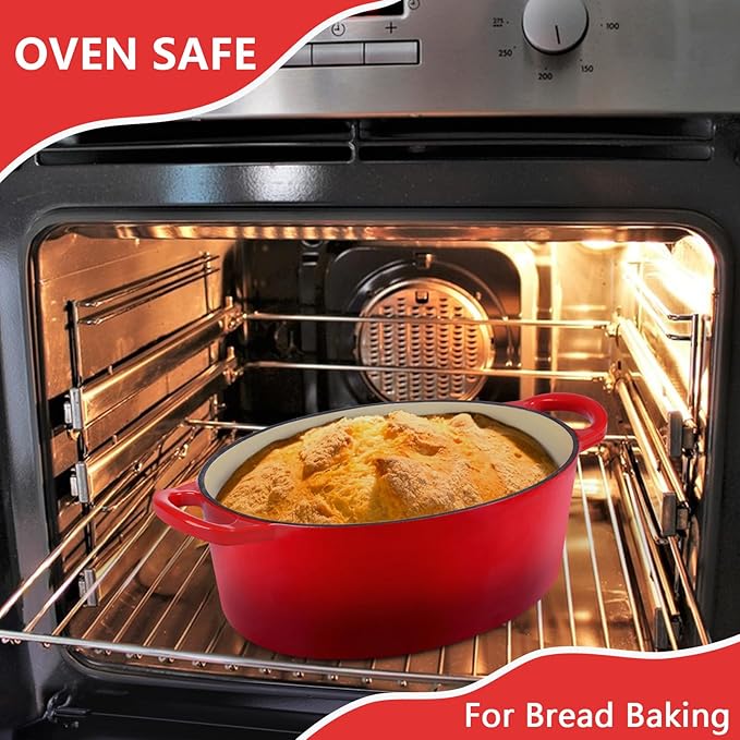 P&P CHEF Oval Dutch Oven with Lid, Enameled Cast Dutch Oven Pot for Bread Baking, Braising, Stewing, Roasting, Non-Stick & Oven Safe, Dual Handles & Easy Clean, 5QT & Red