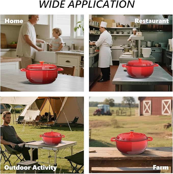 VINGLI 6QT Enameled Cast Iron Round Dutch Oven Pot with Lid, NonStick Casserole Pot with Dual Handles & Silicone GlovesRed, Oven Safe up to 500째F or on Stovetop, Dutch Oven for Bread Baking, Red