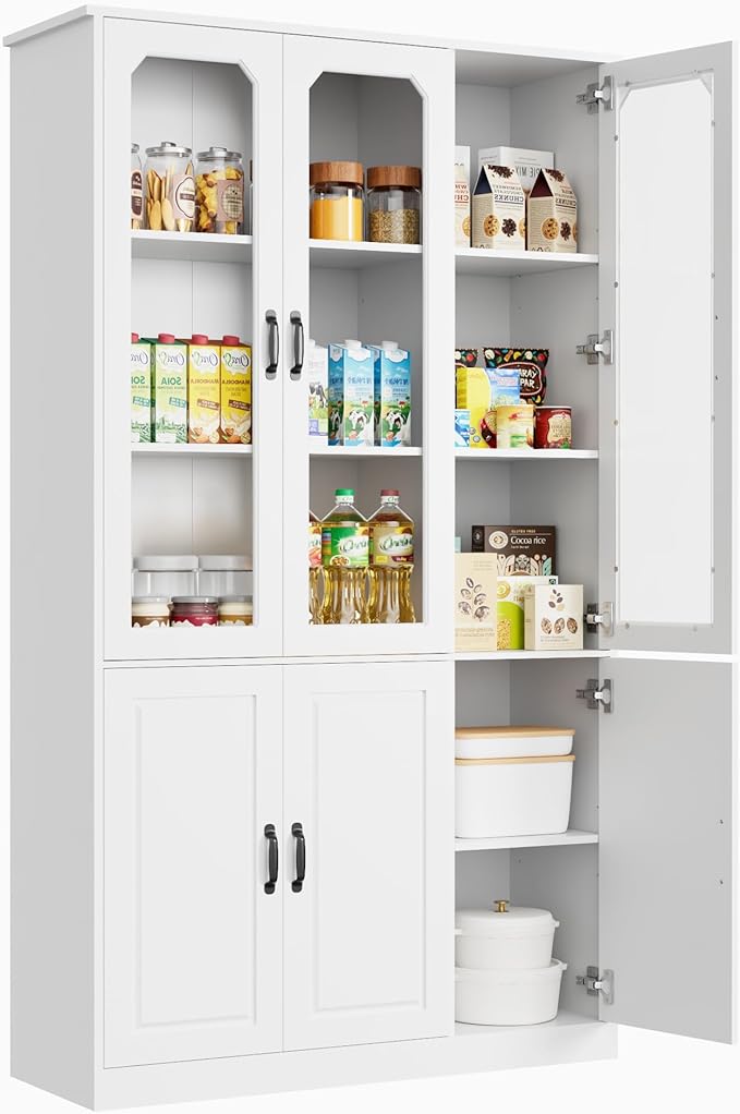 White Kitchen Pantry Cabinet, 78.7" Tall China Cabinet with Glass Doors and Adjustable Shelves, Wooden Display Cabinet for Dining, Living Room, White (Extra-Large, 46" W)