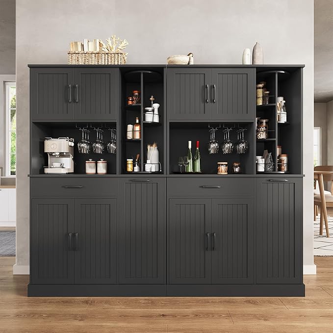 Pantry Cabinet, 67.7" Tall Kitchen Pantry Storage Cabinet with 360째 Rotating Shelf & 2 Pull-Out Racks, Freestanding Kitchen Hutch with Charging Station & Drawer, for Dining Room, Black