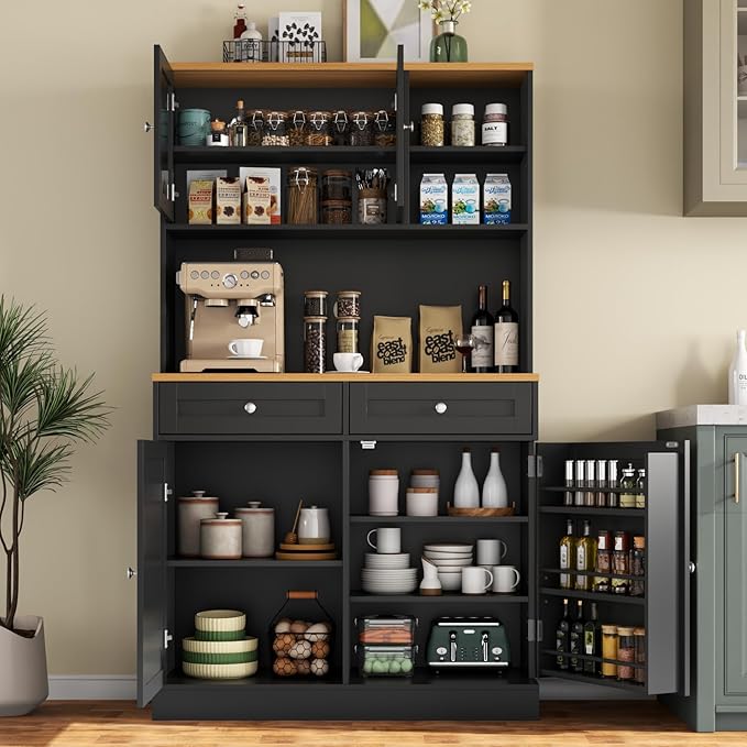 Tall Pantry Cabinet, Modern Kitchen Hutch with Microwave Stand, Kitchen Pantry Storage Cabinet with 2 Darwers & Door Shelf, Food Pantry with Glass Doors & Adjustable Shelves for Dining Room, Black