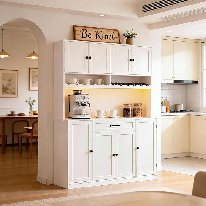 72" Tall Pantry Storage Cabinet with LED Light 55" Wide Kitchen Pantry Cabinet with Charging Station and Adjustable Shelves Modern Kitchen Hutch with Wine Rack and Large Countertop White