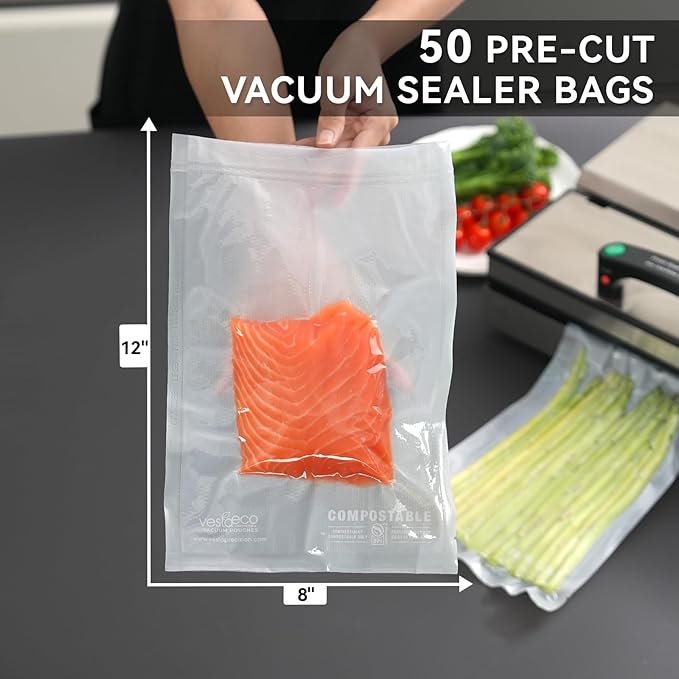 VestaEco Compostable Vacuum Sealer Bags for food, 50 Quart 8" x 12" Precut, Heavy-Duty Embossed Vacuum Seal Bags for Food Saver, BPA-Free, for Storage, Meal Prep or Sous Vide