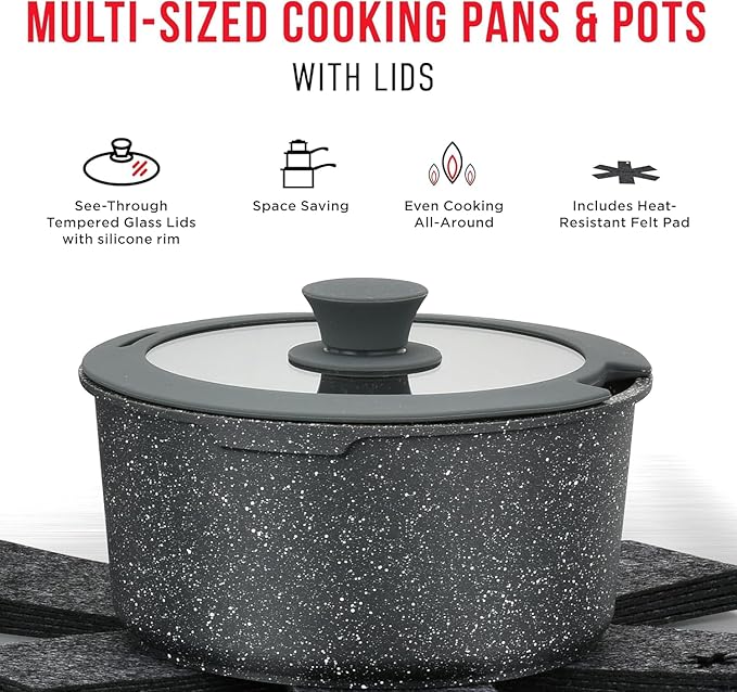Kitchen Cookware Set - Nonstick Granite Coating, Pots and Pans with Handles and Tempered Glass Lids, PFOA, PFOS, PTFE Free, Ceramic Max Temperature (Up To 500째 F), Set of 15 - Dark Gray