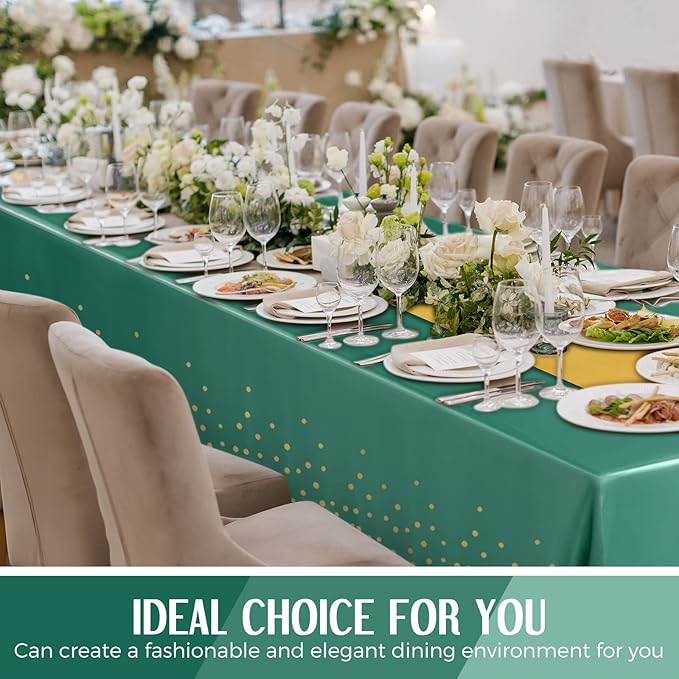 Tudomro 16 Pcs Green and Gold Disposable Plastic Tablecloths and Satin Table Runner Set 54x108 Inch Tablecloth 12x108 Inch Table Runners for New Year Wedding Birthday Baby Shower Graduation
