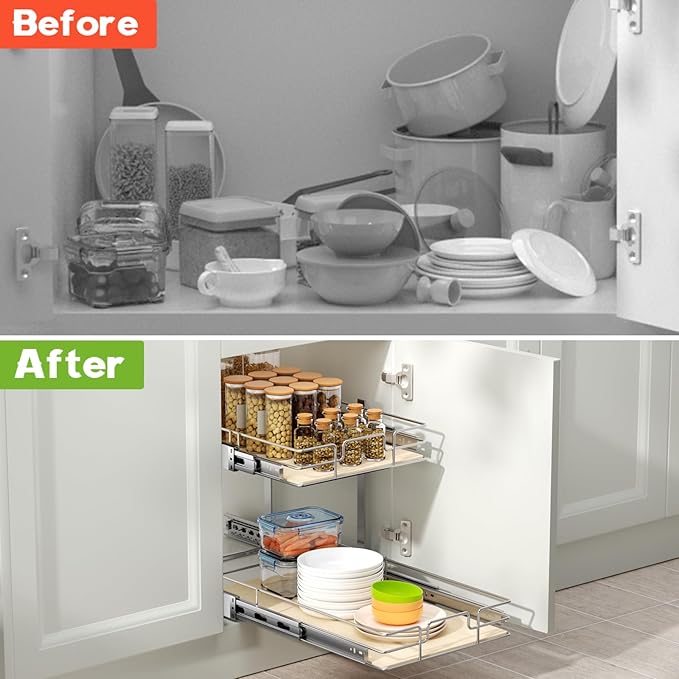 ROOMTEC 2 Tier Individual Pull Out Cabinet Organizer 16쩍"W x 21쩍"D, Slide Out Wood Shelves Organizers, Pull Out Drawers Organization and Storage for Kitchen Cabinet