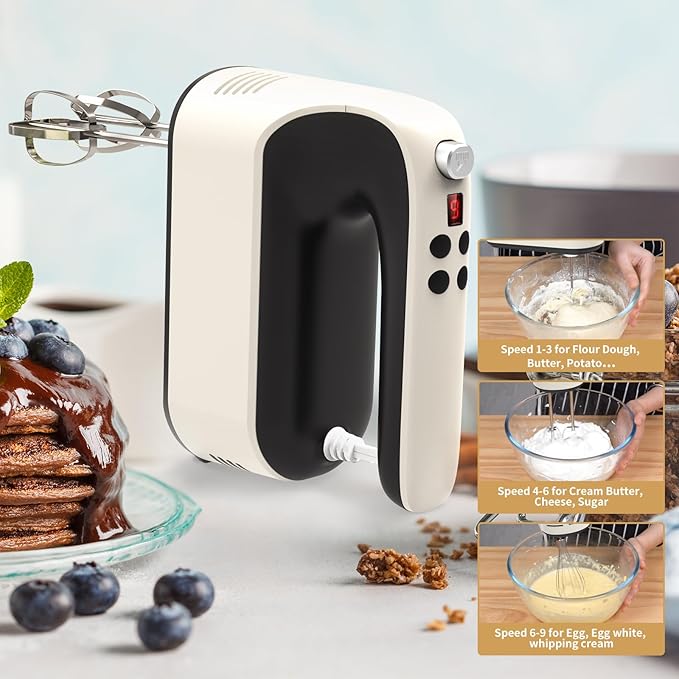 Yomelo 9-Speed Digital Hand Mixer Electric, 400W Powerful DC Motor, Hand Mixer Electric Handheld with Snap-On Storage Case, 5 Stainless Steel Accessories, Beaters, Dough Hooks, Whisk(Creamy/Black)