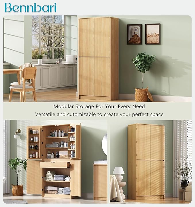 72" Tall Farmhouse Kitchen Pantry Cabinet with 8 Door Shelves, Curved Storage Cabinet with 3 Adjustable Shelves & Hidden Drawer, Versatile Cupboard for Kitchen, Dining & Bathroom (Natural)