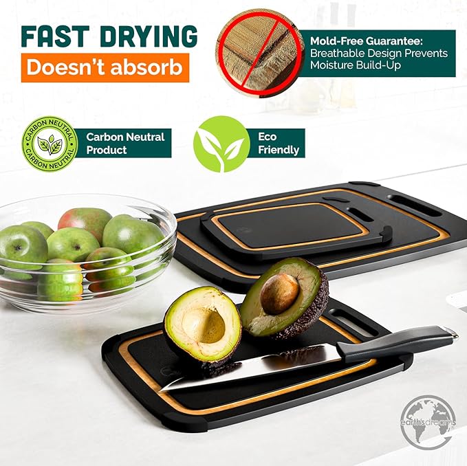 Earth?셲 Dreams Wood Cutting Board Set 3-Piece: Small, Large & Extra Large - Charcuterie Board, Non-Plastic, Non-Toxic, Heavy-Duty, Dishwasher Safe (Black/Tan)