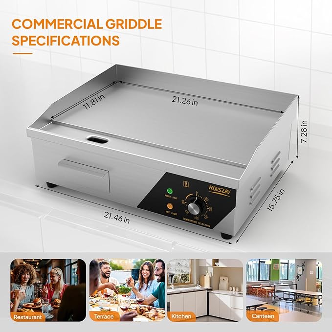 ROVSUN 22" Electric Countertop Flat Top Griddle, 1600W Electric Griddle, Teppanyaki Grill Stainless Steel with Adjustable Temperature Control 122째F-572째F for Home Restaurant Commercial