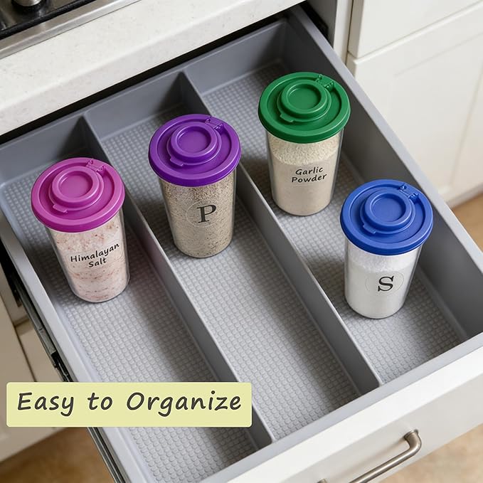 Plastic Salt and Pepper Shakers Set with 4 Color Lids & 20 Labels ??Clear Spice Jars, Reusable, Refillable Seasoning Containers for Kitchen, Cooking, Baking ??Easy Storage & Organization