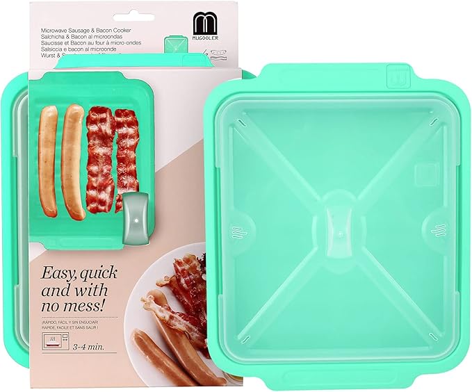 MMUGOOLER Microwave Easy Bacon Maker/Cooker with Lid, Safety, Quick and with No Mess, 11.3??L x 9.0" W x 2.4" H- Blue