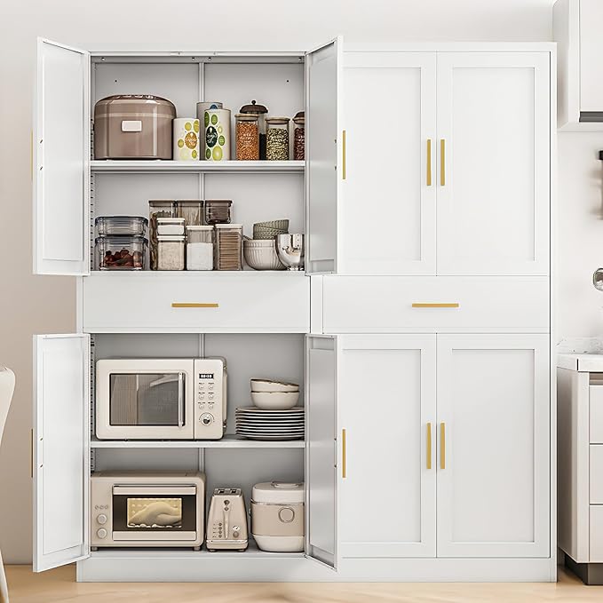 Kitchen Pantry Cabinet,71??Metal Tall Pantry Storage Cabinet with Doors 2 Adjustable Shelves and a Drawer,Kitchen Storage Cabinets White Freestanding Food Cabinet for Pantries, Kitchen, Dining Room