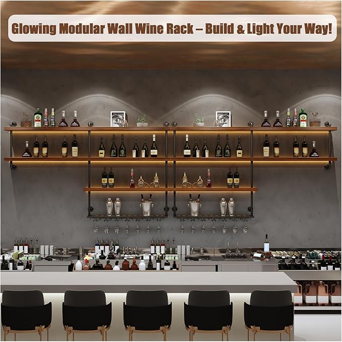 Solid Wood Wall Mounted Wine Rack, Large Wine Rack with LED Light, 4 Tiers Liquor Bottles Floating Shelves with Glass Holder, Industrial Bar Shelves for Home Bar Dining Room (31.5 in/ 80CM)