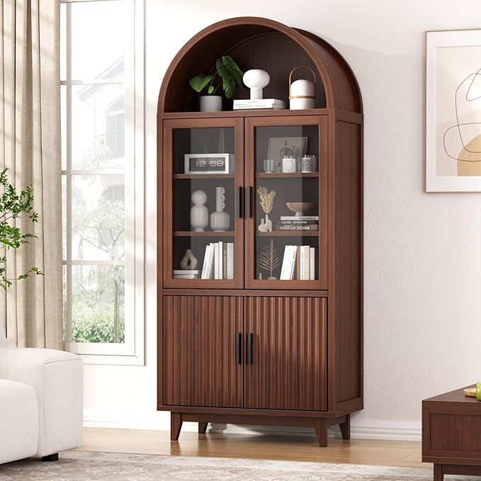 Kitchen Pantry Cabinet with Glass Doors - Arched Design, Solid Wood Legs, Artistic Fluted Door, Adjustable Shelves, 70.8" Curved Storage Cabinet for Kitchen, Dining Room