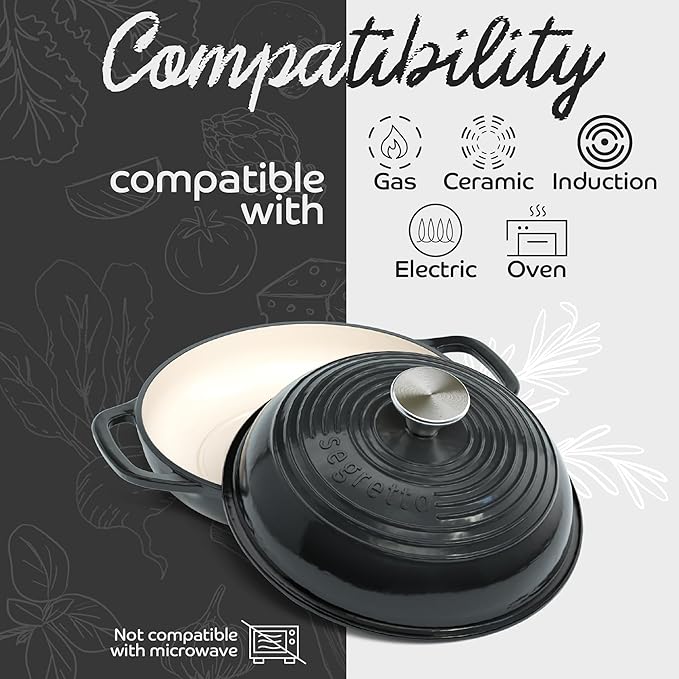 Enameled Cast Iron Bread Pan with Lid, 11??Nero (Black) Bread Oven Cast Iron Sourdough Baking Pan, Dutch Oven for Bread - Segretto Cookware
