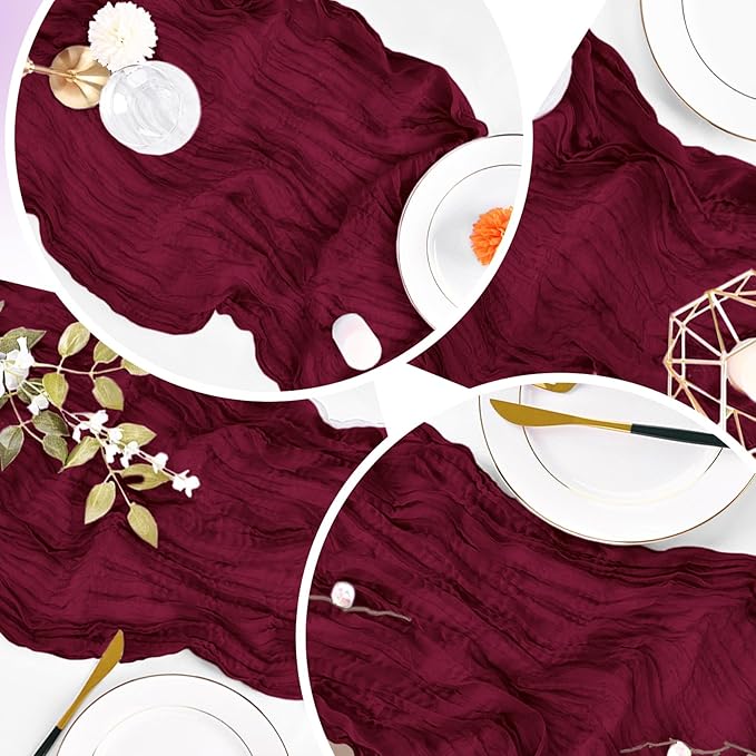4 Pack Burgundy Cheesecloth Table Runner 20 x 120 inch Gauze Table Runners 10 FT Long,Semi Sheer Boho Cheese Cloth Fabric Table Runner Bulk for Party,Wedding,Baby Shower,Bridal Shower Decoration
