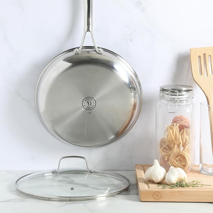 Martha Stewart Badgley Hybrid Nonstick 12 Inch TriPly Stainless Steel Large Fry Pan With Lid & Stay Cool Handle - Laser Etched Non-Toxic Perfect Sear Nonstick Skillet - Dishwasher and Induction Safe
