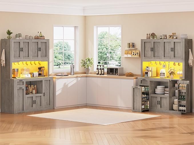 Itaar 71" Pantry Cabinet with Charging Station and LED Light, Kitchen Pantry Cabinet with Microwave Stand, 47.2" Wide Kitchen Storage Cabinets with Storage Cart 3 Tier for Dining Room, Grey