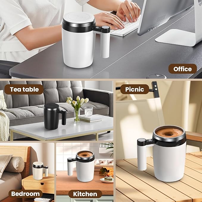 Electric Magnetic Stirring Coffee Mug, 2026 New Automatic Stirring Coffee Cup with Temperature Display, 12.85oz Self-Stirring Mug with Lid Suitable for Coffee, Milk (Black + White)