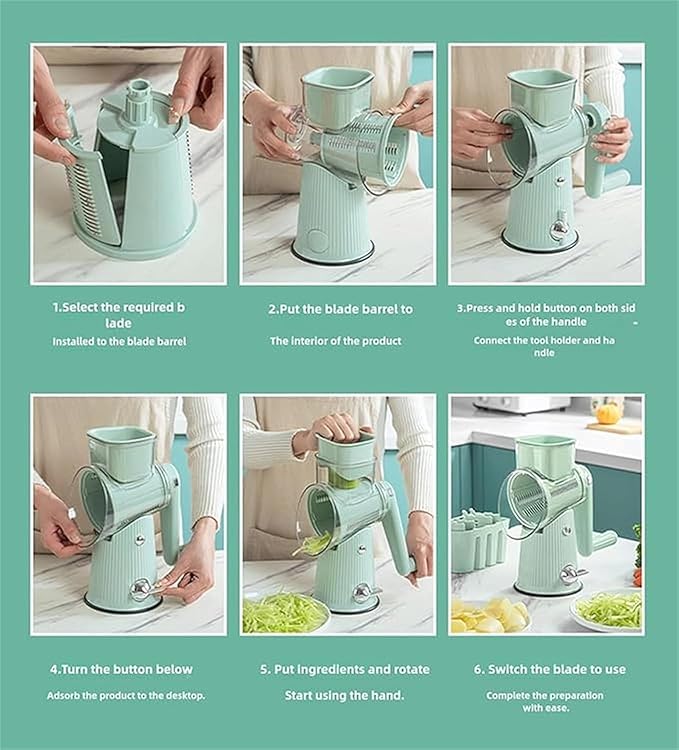 5 in 1 Round Slicer & Rotary Cheese Grater - Hand Crank Vegetable Shredder with Suction Base, 5 Blades for Cheese, Nuts & Vegetables, Easy Clean & Safe Kitchen Mandoline Slicer Chopper (Green)