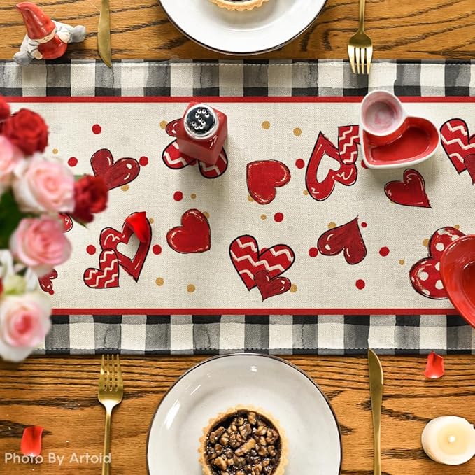 Artoid Mode Buffalo Plaid Red Heart Bow Tie Valentine's Table Runner, Seasonal Kitchen Dining Table Decoration for Home Party Decor 13x48 Inch
